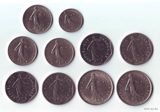 5 франков 1971,1972, 2 франка 1981,1982,1998, 1 франк 1969,1972,1974, 1/2 франка 1978. Франция.
