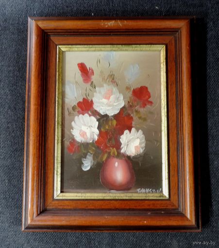 Картина маслом на холсте "Цветы". Размер с багетом 20-25 см.