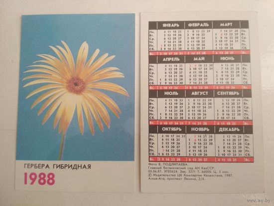 Карманный календарик. Цветы . 1988 год