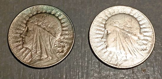 2х5 злотых (серебро) 1934, Польша, голова Полонии, хорошие! Также смотрите другие мои лоты!