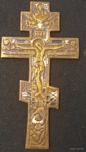 Крест. Распятие. Медная пластика. 2 цвета эмали. Литьё. Царизм. 19 х 10 см.