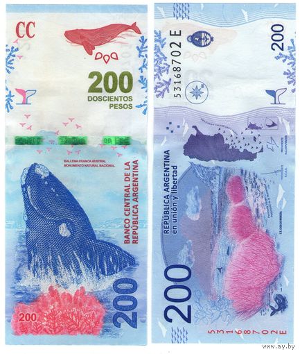 Аргентина 200 песо 2016  год UNC (Южный кит)