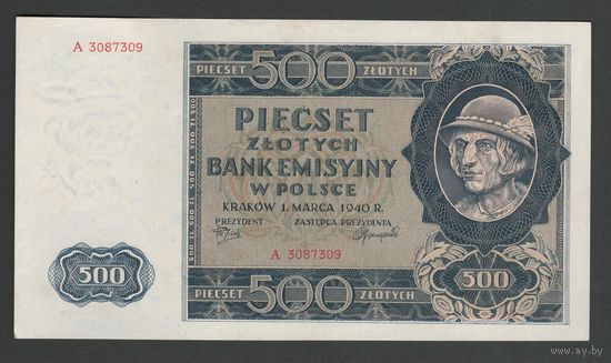 Польша 500 злотых 1940 года. Тип Р-98(1). Состояние aUNC-