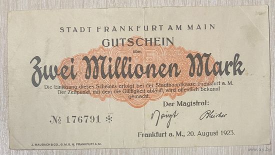 Банкнота 10 миллионов марок 1923 год. Франкфурт на Майне. Веймарская республика. С рубля без МЦ.