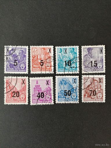 ГДР 1954 Полная серия марок стандарт "Пятилетка" с надпечаткой нового номинала" (гашение без клея) печать типографская Mi.435х-442х каталог 13.40 евро