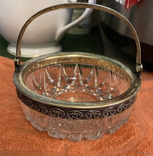 Сахарница с ручкой , серебро , хрусталь