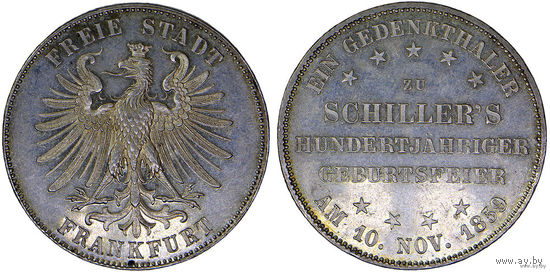 Талер 1859 г. 100 лет со дня рождения Фридриха Шиллера. Франкфурт. Серебро. КМ# 359