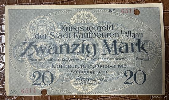 Банкнота 20 марок 1918 год. Кауфбойрен. Веймарская республика