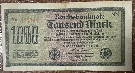 Банкнота 1000 марок 1922 год. Веймарская республика.