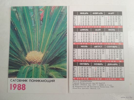 Карманный календарик. Цветы . 1988 год