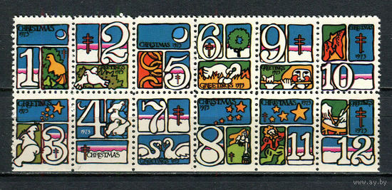 США - 1973 - Рождество и Новый год - сцепка - 12 виньеток. MNH.  (LOT Gd29)-T10P37