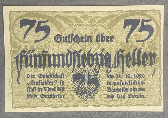 Нотгельды Австрия Халль 75 геллеров 1920 год