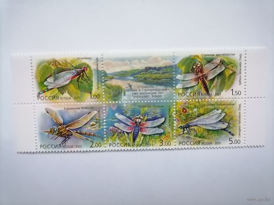 Россия. 2001 ФАУНА. СТРЕКОЗЫ. Сцепка 5 марок+купон. **MNH
