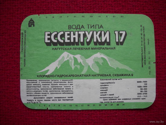 Этикетка. Минеральная вода Ессентуки 17. БССР.