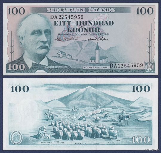 Исландия, 100 крон 1961 г., P-44a(11) (DA, сенатор Трюггви Гуннарссон), UNC