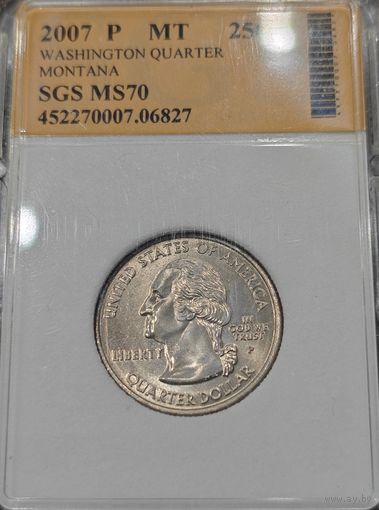 Коллекционная монета - Квотер, Монтана. 2007 года. Экспертиза. MS - 70