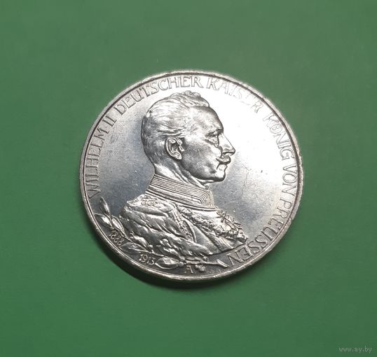 Германия. 3 марки. 1913 год. Вильгельм II. Мундир. Пруссия. Отличная. Штемпельный блеск. Серебро