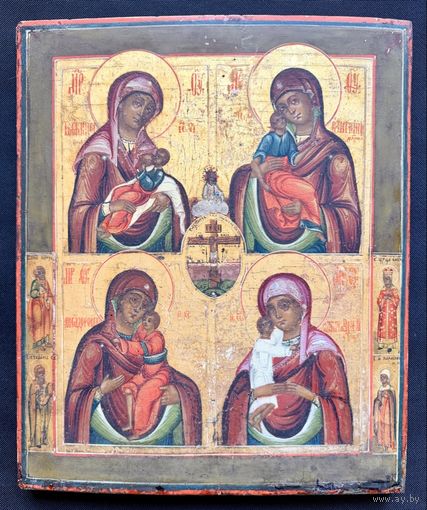 Четырёхчастник. Образы Богоматери (Млекопитательница, Фёдоровская,Тихвинская, Грузинская) Ветка. Конец 18 начало 19 века. Королевский аналой. Размер 30х35,5см.