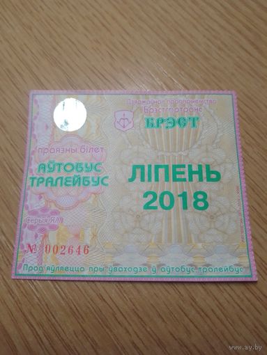 Месячный проездной Автобус-троллейбус Брест, июль 2018 г.