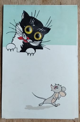 Пинская открытка. Кот и мышка. 1967 г. Двойная. Чистая.