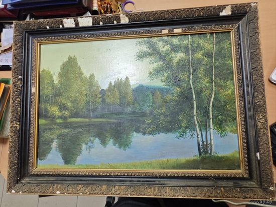Старенькая Советская картина. Речка. Художник Алов Василий. Холст, масло. 70 на 50 см