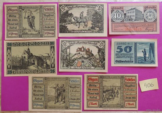 Боны Германия, 1920-1922 гг., комплект 8 шт. (от 10 пфеннигов до 1 марки)