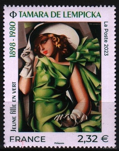 2023 Франция живопись Картины Женщины Мода Девушка с перчатками, автор Тамара де Лемпицка Mi-8479 1х-марка**