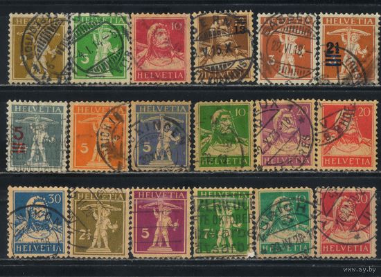 Швейцария 1909-24 Вып Вильгельм Телль Сын Вильгельма Телля с арбалетом и яблоком Стандарт #111,113,118,126,137,156,158,162-6,169,198,200,202-3,206