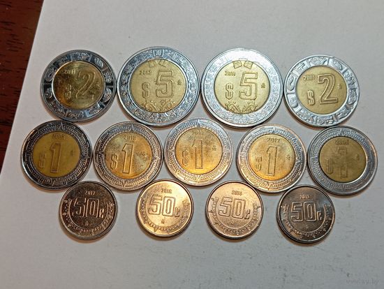 Мексика 5 песо 2011 , 2012 года , 2 песо 2001 , 2011 года , 1 песо 2005 , 2008 , 2012 , 2017 , 2018 года и 50 сентаво 2013 , 2014 , 2016 , 2017 года .