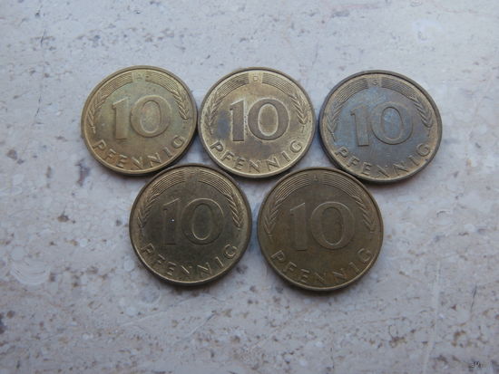Набор все монетные дворы Германии: 10 пфеннигов A D G F J.