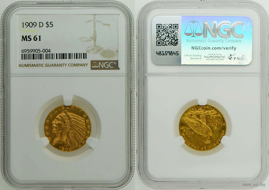 5 долларов 1909 г. D. Голова индейца. США. NGC MS 61. Золото. KM# 129.
