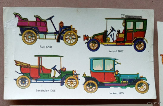 Переводные картинки ГДР (переводки, переснимки, наклейки карточки) ретро-автомобили. Made in DDR. (Ford 1900, Renault 1907, Landaulett 1905, Packard 1913). #1.