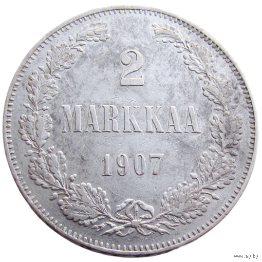Россия для Финляндии, 2 марки 1907 года (L) - м.д. Гельсингфорс, сост. XF, серебро 868/ 10,36 г, Биткин #397