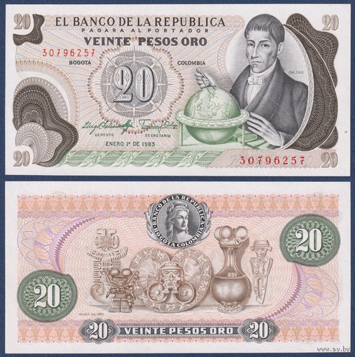 Колумбия, 20 песо 1983 г., P-409d (учёный Франсиско Хосе де Кальдас), UNC**