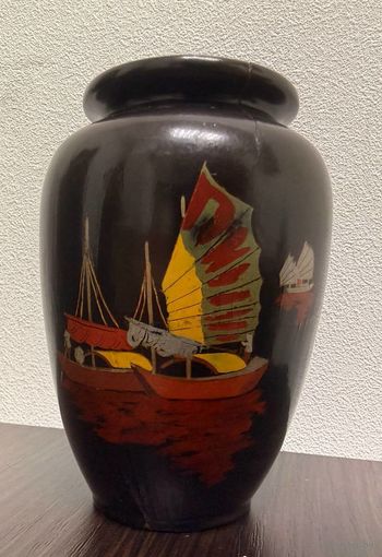 Вьетнамская винтажная деревянная ваза с росписью, 1960 гг.