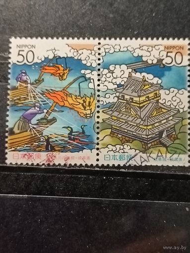 Япония, 2003. Традиционная рыбалка с бакланами и замок Гифу. сцепка.  Mi-2,4 евро гаш.