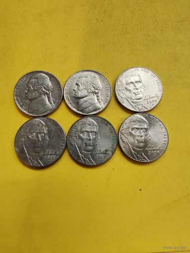 5 центов разных годов 6 шт. . СМОТРИТЕ ДР. МОИ ЛОТЫ! Большая распродажа!