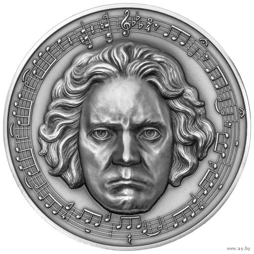 RARE Камерун 3000 франков 2020г. "250-летия со дня рождения Людвига Ван Бетховена. 3D Маска". Бриллиант. Монета в капсуле, шикарном подарочном футляре; сертификат; коробка. СЕРЕБРО 93,30гр.(3 oz).