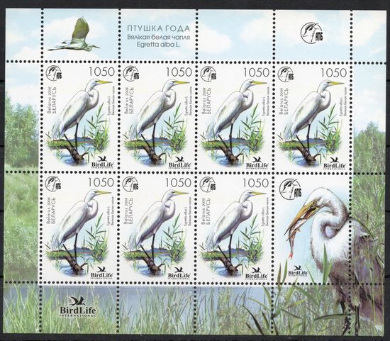 Беларусь 2008. Птица года. Белая цапля малый лист (415)