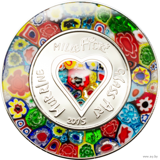 RARE Острова Кука 5 долларов 2015г. "Murrine Millefiori". Муранское стекло. Монета в капсуле, подарочном футляре; сертификат; коробка. СЕРЕБРО 20гр.