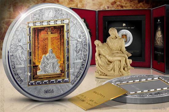 RARE Острова Кука 20 долларов 2014г. Шедевры искусства: "Пьета. Микеланджело Буонарроти". Монета в капсуле; шикарном подарочном футляре; сертификат; рамка; коробка. СЕРЕБРО 93,30гр./ЗОЛОТО 7,77гр.