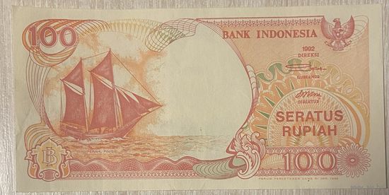 Банкнота Индонезия 100 рупий 1992 Парусник. Вулкан Кракатау
