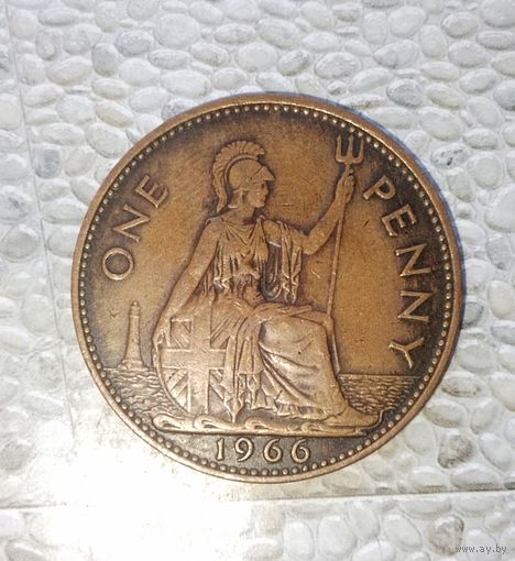1 пенни 1966 года Великобритания. Королева Елизавета 2. Единственная на аукционе! Шикарная родная шоколадная патина!