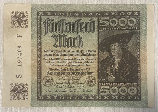 Банкнота 5000 марок 1922 год. Веймарская республика.