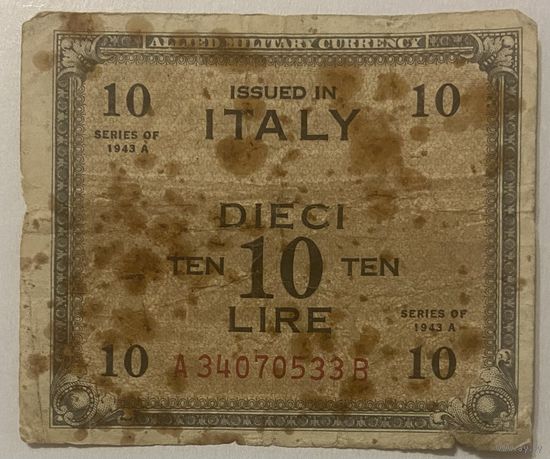Банкнота 10 лир 1943 год. Италия. Союзная оккупация