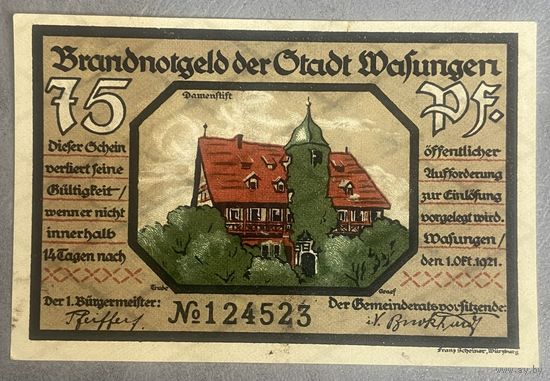 Нодгельд 75 пфеннигов 1921 год. Вазунген. Веймарская республика