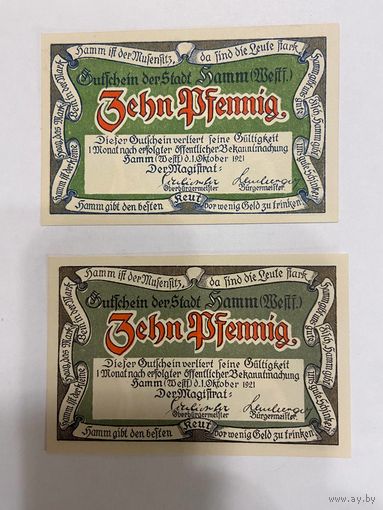 10 и 10 пфеннингов (нотгельды) 1921 г. Германия.