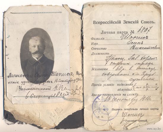 Всеросийский земский Союз. 1916-1917 гг. Личная карта. 10 армия.