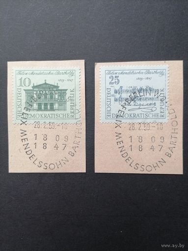 ГДР 1959 Полная серия марок на вырезках "150 лет со дня рождения композитора Феликса Мендельсона Бартольди" (спецгашение) Mi.676-677 каталог 7.00 евро