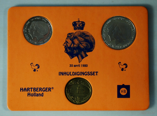 Нидерланды 1+2,5 гульдена+жетон 1980 год, UNC. "Коронация 30 апреля 1980 год"
